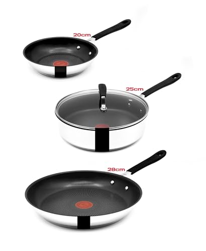 Tefal Jamie Oliver Pfannenset - Pfanne 20 cm + 28 cm + Schmorpfanne 25cm mit Deckel Induktion, Bratpfanne Edelstahl, Antihaft Beschichtet, Pfannen Hoher Rand, Backofenfest, Genieteter Griff, E30 von Tefal