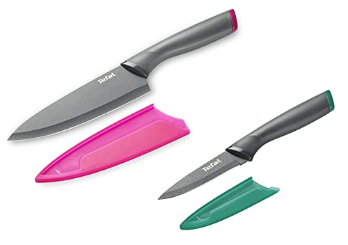 Tefal K122S2 Fresh Kitchen 2er Set Kochmesser 15 cm + Gemüsemesser 9 cm | Edelstahl Klinge + titanverstärkte Antihaftbeschichtung | Schutzhülle | spülmaschinenfest | Schwarz/Pink/Grün von Tefal