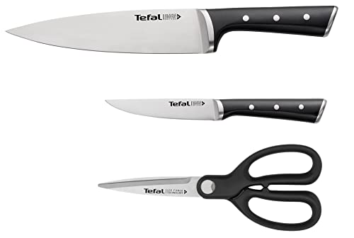 Tefal K232S355 Ice Force 3-teiliges Messerset | Kochmesser | Universalmesser | Küchenschere | Klinge aus deutschem Edelstahl | lang anhaltende Schneidleistung und Schärfe | Edelstahl/Schwarz von Tefal