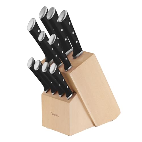 Tefal Ice Force 11-tlg. Messerblock-Set, 6 Messer, 4 Steak Messer, 1 Holz-Messerblock, hochwertiger, deutscher Edelstahl, Ice Force Technologie, korrosionsbeständig, schwarz/braun/silber, K232SA von Tefal