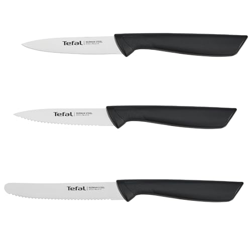 Tefal K2733S Colorfood Messerset 3-teilig | Universalmesser (10 cm)/Schälmesser (8 cm) gezahnt, Schälmesser (8 cm) glatt | deutscher Edelstahl | korrosionsbeständig | ergonomisch | sicher | Schwarz von Tefal