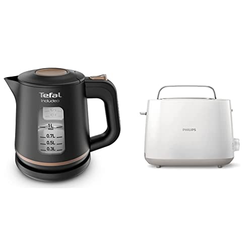 Tefal KI5338 Includeo Wasserkocher | 1 L | Anti-Rutsch-Griff | einfach abzulesende Wasserstandsanzeige | 360°-Drehsockel, Schwarz/Kupfer & Philips Toaster – 2 Toastschlitze, 8 Stufen, weiß (HD2581/00) von Tefal