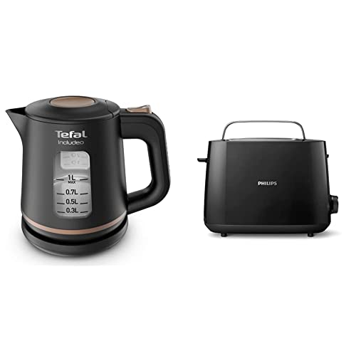 Tefal KI5338 Includeo Wasserkocher | 1L | Anti-Rutsch-Griff | Wasserstandsanzeige | 360°Drehsockel | Schwarz/Kupfer & Philips HD2581/90 Toaster, integrierter Brötchenaufsatz, 8 Bräunungsstufen schwarz von Tefal