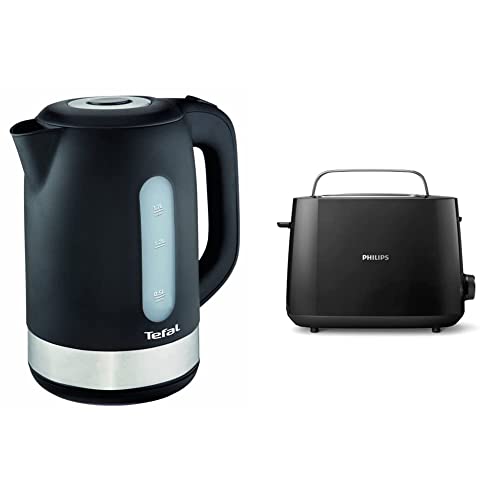 Tefal KO3308 Kunststoff - Edelstahl Wasserkocher | Anti-Kalk Filter | 2.400 W | Assistierende Deckelöffnung | 1.7 L | schwarz & Philips HD2581/90 Toaster, Brötchenaufsatz, 8 Bräunungsstufen, schwarz von Tefal