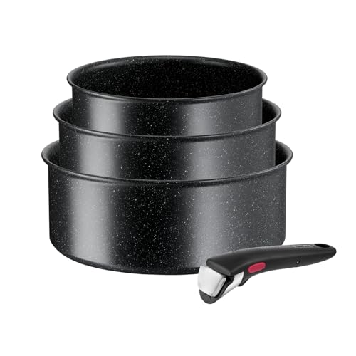 Tefal Ingenio Black Stone 4-tlg. Kasserollenset, Topfset abnehmbarer Griff, 16/18/20 cm, stapelbar, platzsparend, Topfset Induktion mit Antihaftversiegelung, einfache Handhabung und Reinigung, L39996 von Tefal