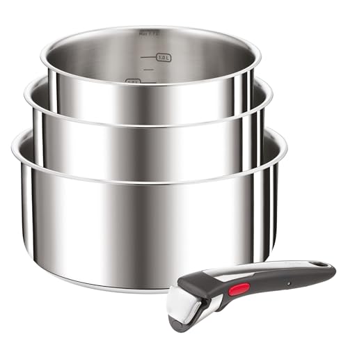 Tefal Ingenio Preference On 4-teiliges Kasserollenset, 16/18/20 cm, Topfset abnehmbarer Griff, Topfset Induktion stapelbar, platzsparend, einfache Handhabung und Reinigung, Edelstahl, L898S3 von Tefal