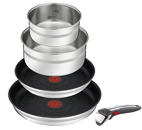 Jamie Oliver by Tefal 5-teiliges Ingenio Edelstahl-Set, 1 abnehmbarer Griff, 2 beschichtete Pfannen, 2 Töpfe, Induktion, ofenfest, platzsparend, L9769632 von Tefal