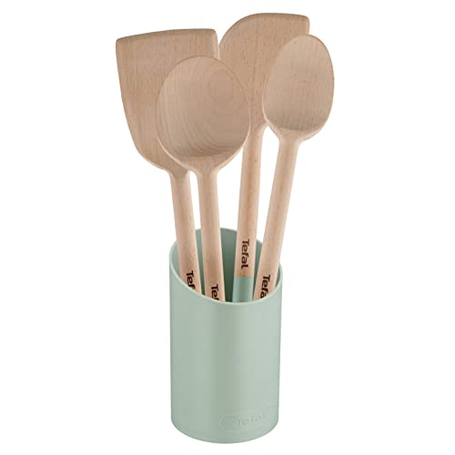 Tefal Natura Küchenutensilien-Set, 5-teilig: Löffel 28 cm, Löffel 29 cm, Klingenspatel 28 cm, Winkelspatel 29 cm und Ständer, FSC-zertifiziertes Holz, K270S5 von Tefal