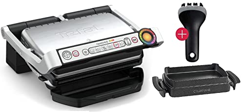 Tefal OptiGrill+ Plus Kontaktgrill + XA7258 Snacking & Baking Backschale und MF Reinigungs-Bürste, 6 Grillprogramme, Ideale Grillergebnisse von blutig bis durchgebraten, Abnehmbare Aluguss-Platten von Tefal