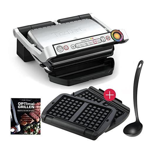 Tefal OptiGrill+ Plus elektrischer Kontaktgrill + XA7238 Waffelplatten + Schöpkelle + Optigrill Rezeptbuch, 6 Grillprogramme | Indoor Elektro Grill |, Edelstahl von Tefal