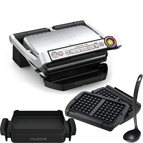 Tefal OptiGrill+ elektrischer Kontaktgrill + XA7238 Waffelplatten, Schöpkelle XA7258 Snacking & Baking Backschale, 6 Grillprogramme, Edelstahl von Tefal