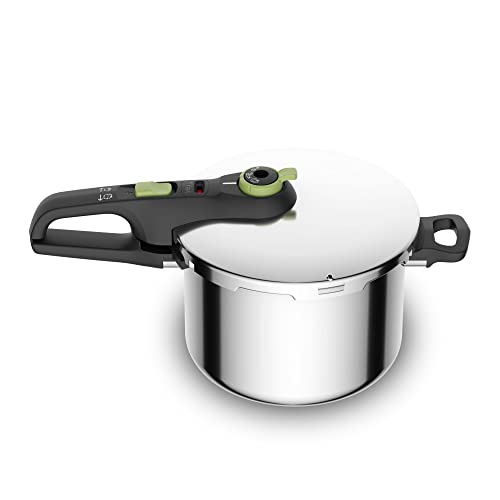 Tefal P2580703 Secure Trendy Schnellkochtopf 6 L | 2-Stufen-Garregler: Intensivstufe 117°C, Schonstufe 112°C | Induktions-Kapselboden | für alle Herdarten | kurzer Gegengriff | Edelstahl/Schwarz/Grün von Tefal