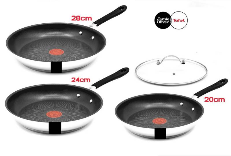 Tefal Pfannen-Set E303 Jamie Oliver Pfannenset Induktion, Pfannen Set mit Deckel Pfannen, Edelstahl 18/10 (VARIANTENAUSWAHL: Wok, Schmorpfanne, Servierpfanne, Pfanne, Pfannenset, Wokpfanne beschichtet, mit hohen Rand, Woks, Bratpfannenset, Pan), Bratpfanne, Bratpfannen Set, mit Deckel, Edelstahl, für Induktionsherd von Tefal