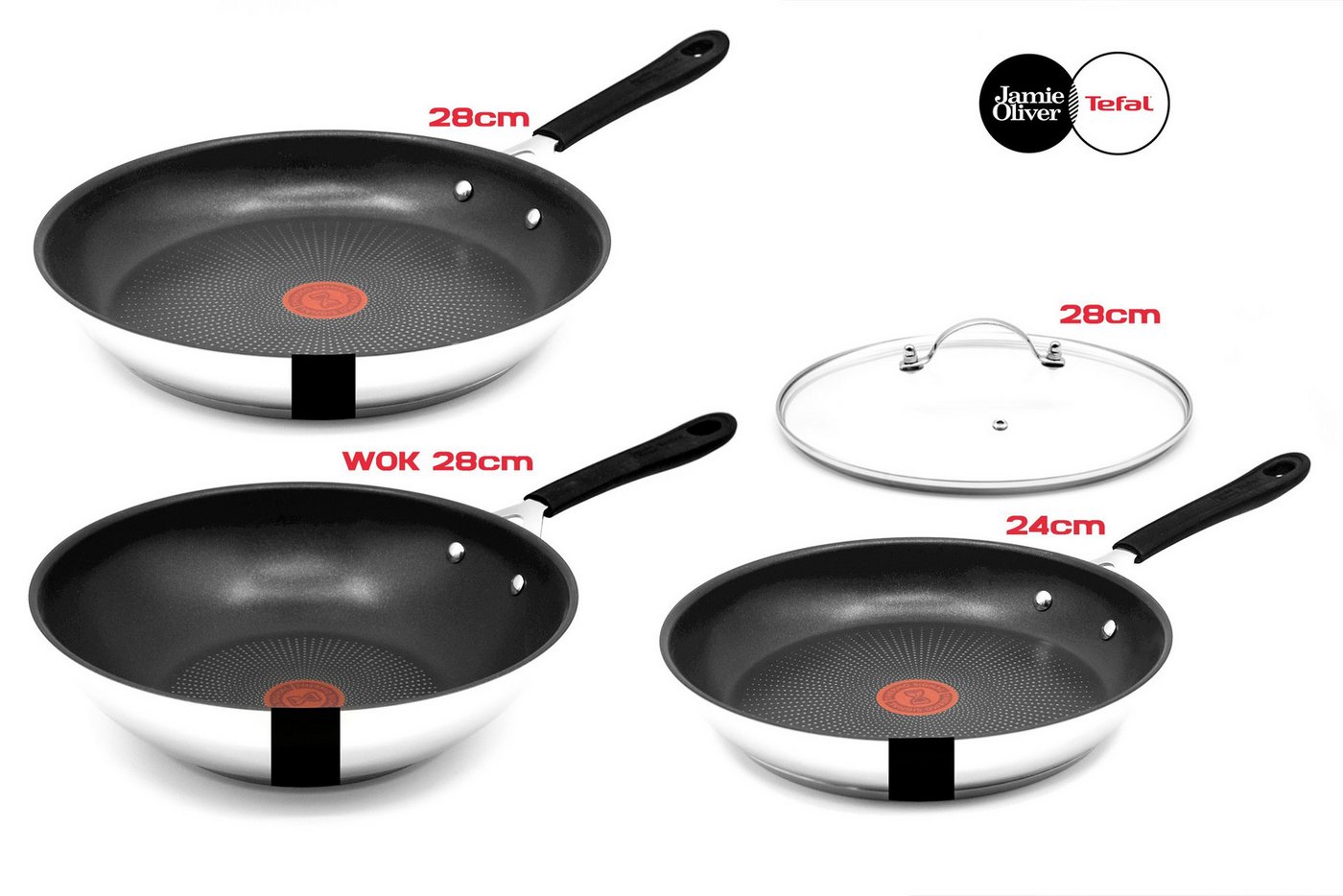 Tefal Pfannen-Set E303 Jamie Oliver Pfannenset Induktion, Pfannen Set mit Deckel Pfannen, Edelstahl 18/10 (VARIANTENAUSWAHL: Wok, Schmorpfanne, Servierpfanne, Pfanne, Pfannenset, Wokpfanne beschichtet, mit hohen Rand, Woks, Bratpfannenset, Pan), Bratpfanne, Bratpfannen Set, mit Deckel, Edelstahl, für Induktionsherd von Tefal