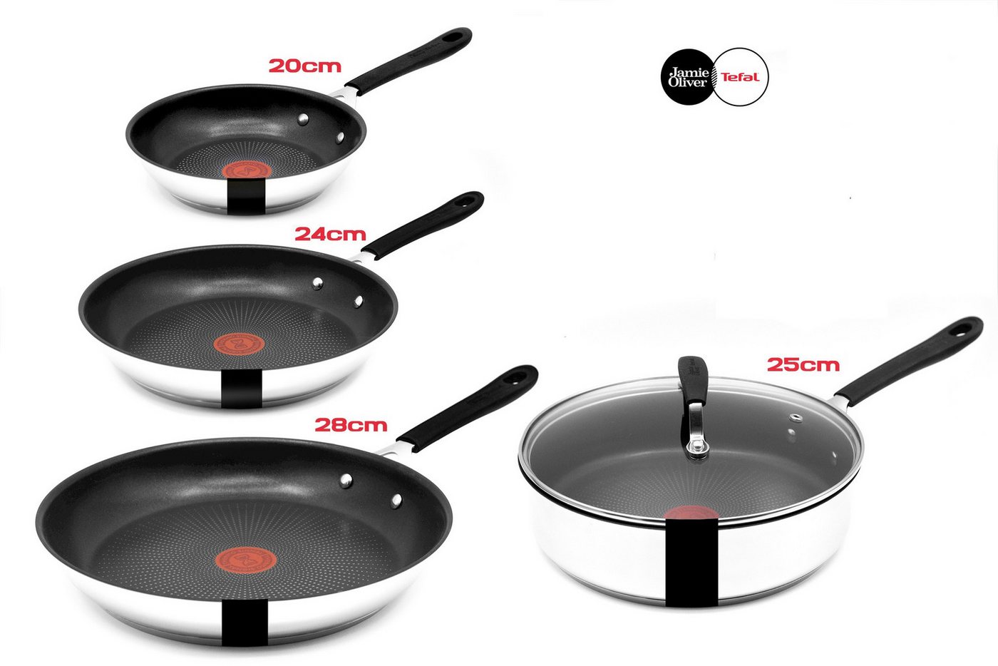 Tefal Pfannen-Set E303 Jamie Oliver Pfannenset Induktion, Pfannen Set mit Deckel Pfannen, Edelstahl 18/10 (VARIANTENAUSWAHL: Wok, Schmorpfanne, Servierpfanne, Pfanne, Pfannenset, Wokpfanne beschichtet, mit hohen Rand, Woks, Bratpfannenset, Pan), Bratpfanne, Bratpfannen Set, mit Deckel, Edelstahl, für Induktionsherd von Tefal