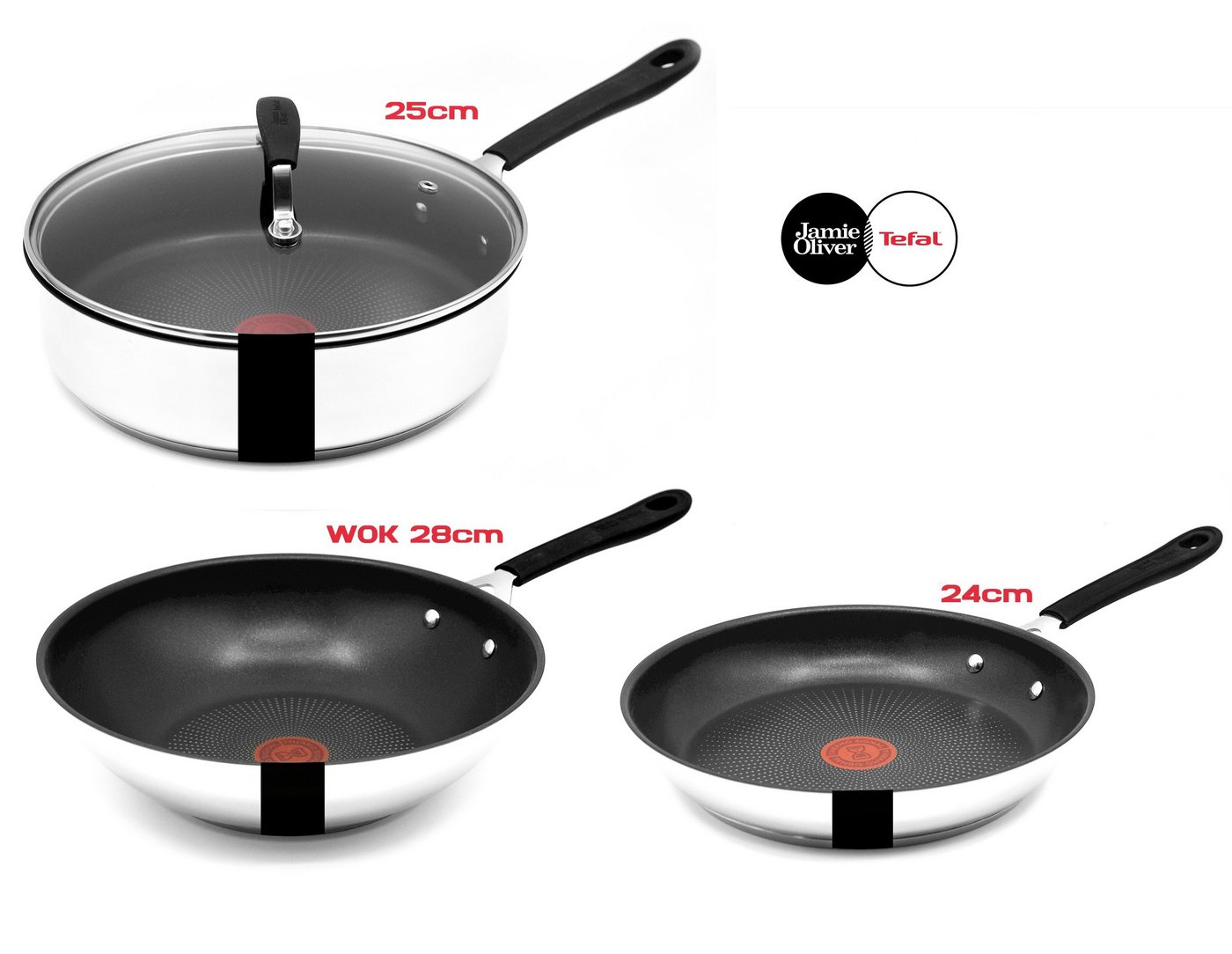 Tefal Pfannen-Set E303 Jamie Oliver Pfannenset Induktion, Pfannen Set mit Deckel Pfannen, Edelstahl 18/10 (VARIANTENAUSWAHL: Wok, Schmorpfanne, Servierpfanne, Pfanne, Pfannenset, Wokpfanne beschichtet, mit hohen Rand, Woks, Bratpfannenset, Pan), Bratpfanne, Bratpfannen Set, mit Deckel, Edelstahl, für Induktionsherd von Tefal