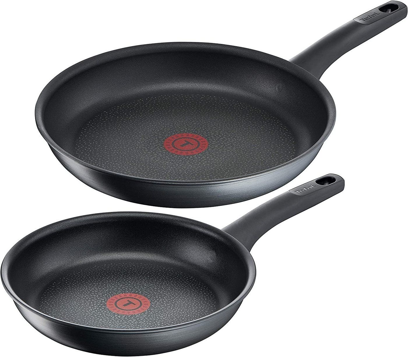 Tefal Pfannen-Set G12490 Titanium Fusion Pfannen-Set 24 cm und 28 cm, Aluminium (Spülmaschinenfest, ohne Fett / Öl, Große Pfanne, Bratpfanne, 2-tlg., für alle Herdarten inkl. Induktion geeignet) Schwarz, Pfanne), Antihaft-Versiegelung, Thermo-Spot,Hard Fusion Außenschicht von Tefal