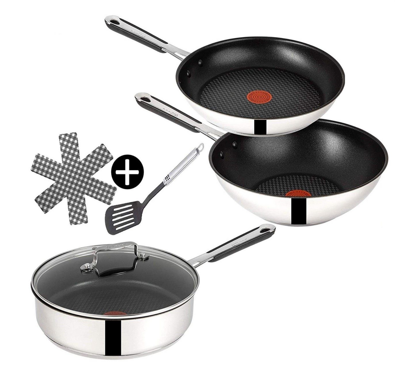 Tefal Pfannen-Set Jamie Oliver E76 Pfanne 24cm+ Schmorpfanne mit Deckel 25cm+ Wok 28cm, Edelstahl 18/10 (Pfanne, Bratpfannen Set, Pfannenset, Wok, Wokpfanne, Schmorpfanne, Pfannen + 1 Wender & Schoner Antihaftbeschichtet Pfannenset mit Deckel), Antihaftbeschichtet, Pfannenset, Hoher Rand, Hitzebeständig von Tefal