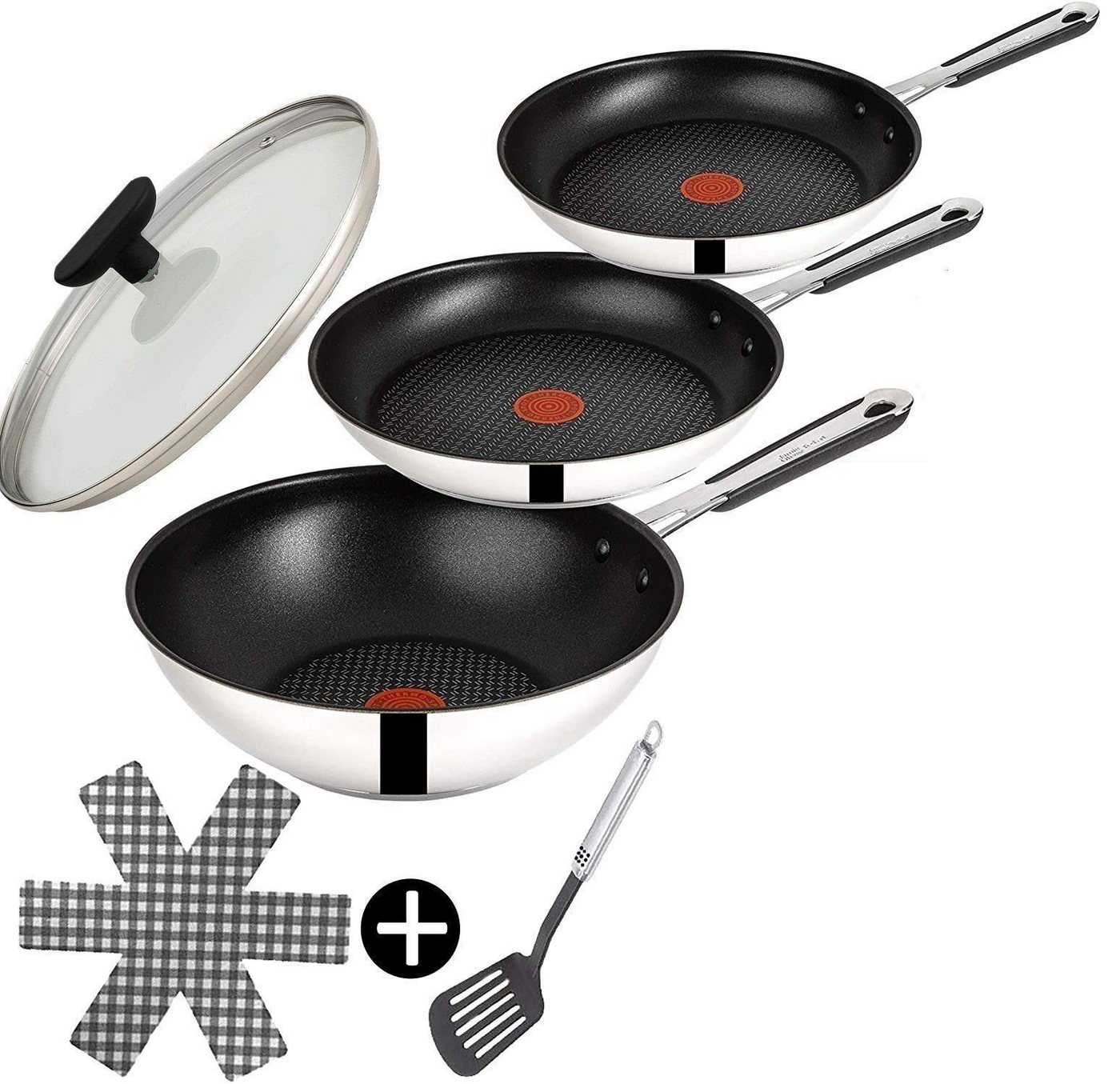 Tefal Pfannen-Set Jamie Oliver E76 Pfannenset 24,28cm + Wok Pfanne mit Deckel 28cm Set12, Edelstahl 18/10 (Pfanne, Bratpfannen Set, Pfannenset, Wok, Wokpfanne, Schmorpfanne, Pfannen + 1 Wender & Filzschoner, Bratpfannen Set, Antihaftbeschichtet), ohne Fett / Öl braten, Wok, Induktion von Tefal