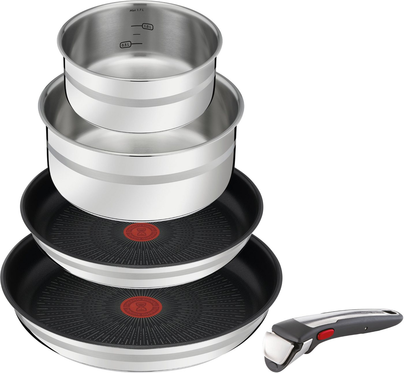 Tefal Pfannen-Set Jamie Oliver Ingenio G6, 5-teiliges Ingenio Kochgeschirr-Set Induktion, Edelstahl (Set, 5-tlg., Bratpfanne 24/28 cm, Kasserollen 16/20 cm, 1 abnehmbarer Griff), für alle Herdarten geeignet, backofenfest, platzsparend, L9769632 von Tefal