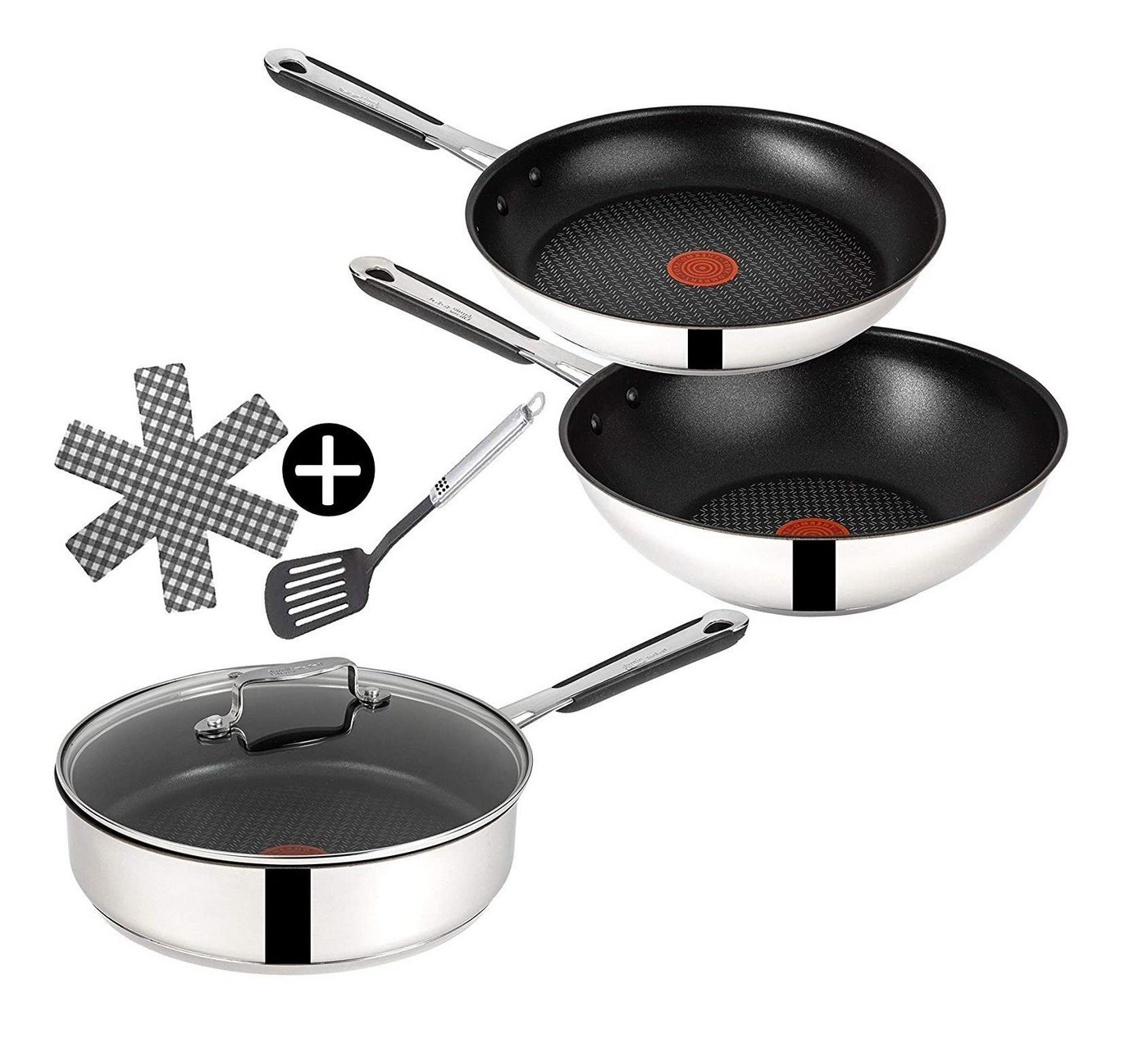 Tefal Pfannen-Set Jamie Oliver J90 Pfanne 24cm+ Schmorpfanne mit Deckel 25cm+ Wok 28cm, rostfrei Edelstahl 18/10 (Pfanne, Bratpfannen Set, Pfannenset, Wok, Wokpfanne, Schmorpfanne, Pfannen Inkl. 1 Wender & Filzschoner), Ohne Fett / Öl braten, Hitzebeständig, Induktionsgeeignet von Tefal