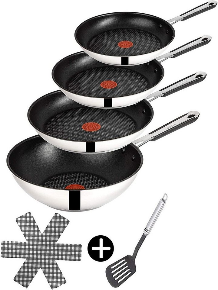 Tefal Pfannen-Set Jamie Oliver J90 Pfannenset 20,24,28cm+ Wok Pfanne 28cm alle Herdarten, Edelstahl 18/10 (Pfanne, Bratpfannen Set, Pfannenset, Wok, Wokpfanne, Schmorpfanne, Pfannen Inkl. 1 Wender & Filzschoner, Bratpfannen Set, Bratpfanne), Säurebeständig, Ohne Fett / Öl braten, Thermo-Spot, Hitzebeständig von Tefal