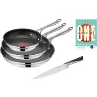 Tefal Pfannen-Set "Jamie Oliver Cook Smart", Edelstahl 18/10, (Set, je 1 Pfanne 20/24/28 cm, 1 Kochmesser), stilvolle Edelstahl-Pfannen, inkl. Kochmesser, Rezeptbuch von Tefal