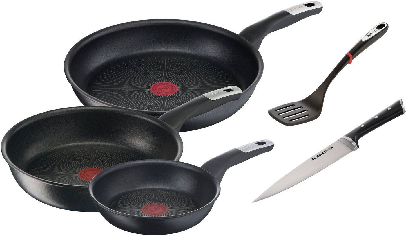 Tefal Pfannen-Set Unlimited Ice Force, Aluminium (Set, 5-tlg., je 1 Pfanne Ø 24/28 cm, Wok Ø 28 cm, Kochmesser, Bratwender), kratzfeste Antihaftversiegelung, Thermo-Signal, inkl. Zubehör von Tefal