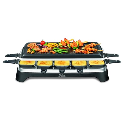 Tefal Raclette Grill Ambiance, Raclette 10 Personen, inkl. Tischgrill-Funktion, Grillplatte antihaftbeschichtet + spülmaschinengeeignet, abnehmbares 2 Meter-Kabel, schwarz, Edelstahl, 1350W, RE4588 von Tefal