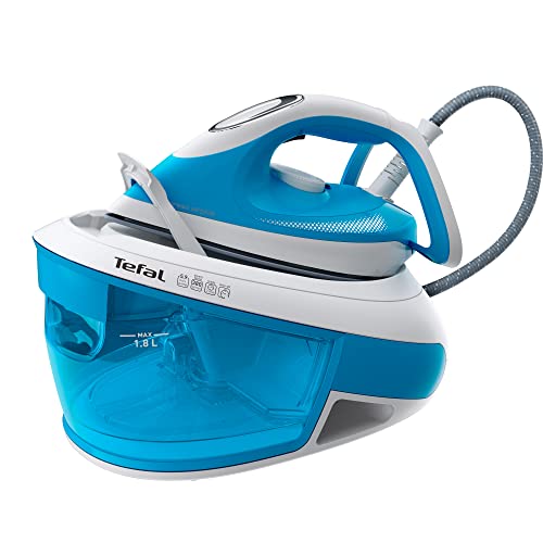 Tefal SV8002 Express Airglide Dampfbügelstation | 2800 Watt | Durilium Bügelsohle | 5,9 Bar Pumpendruck | konstante Dampfabgabe: 120 g/Min. | Dampfstoß: 380 g/Min. | Vertikaldampf | Weiß/Blau von Tefal