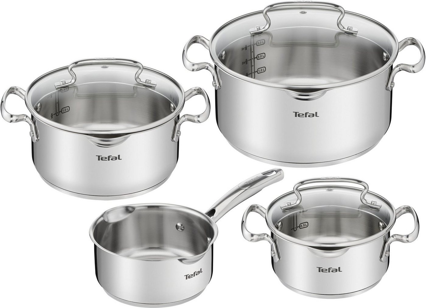 Tefal Topf-Set Duetto+ G719S7, Edelstahl 18/10 (Set, 7-tlg., Kochtopf mit Glasdeckel 16/20/24 cm, Stielkasserolle 16 cm), hochwertiger Edelstahl, hochglanzpoliert, Glasdeckel mit Siebfunktion von Tefal