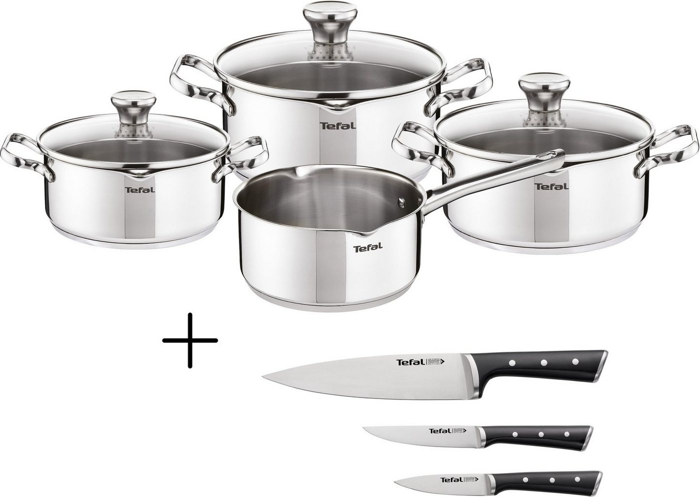 Tefal Topf-Set Duetto + Ice Force, Edelstahl (Set, 10-tlg., 1 Kasserolle 16 cm, je 1 Kochtopf mit Deckel 16/20/24 cm, 3 Kochmesser), Set: Edelstahl-Topfset (alle Herdarten), Induktion von Tefal