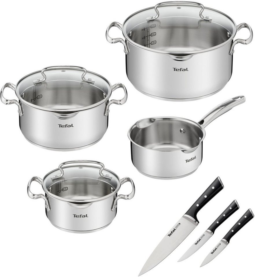 Tefal Topf-Set G719S7_K2323S74 Duetto+ Ice Force, Edelstahl (Set, 10-tlg., Kasserolle 16 cm, Töpfe mit Deckel 16/20/24 cm), rostfreier Edelstahl, Deckel m. Abgießfunktion, inkl. 3tlg. Messer-Set von Tefal