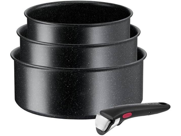 Tefal Topf-Set L39996 Ingenio Black Stone, Topfset Induktion stapelbar, Antihaft, Aluminium (Set, 4-tlg., je 1 Stielkasserolle Ø 16/18/20 cm, 1 abnehmbarer Griff), Thermo-Signal bei idealer Brattemperatur von Tefal