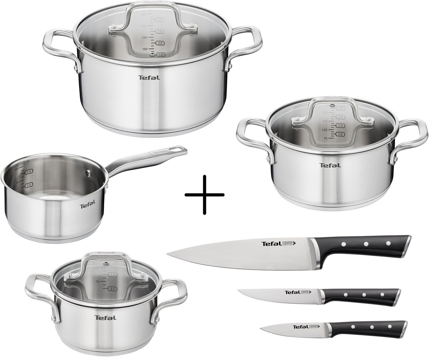 Tefal Topf-Set Virtuoso 7er + Ice Force, Edelstahl (Set, 10-tlg., 1 Kasserolle 16 cm, je 1 Kochtopf mit Deckel 16/20/24 cm, 3 Kochmesser), Set: Edelstahl-Topfset (alle Herdarten), Induktion von Tefal