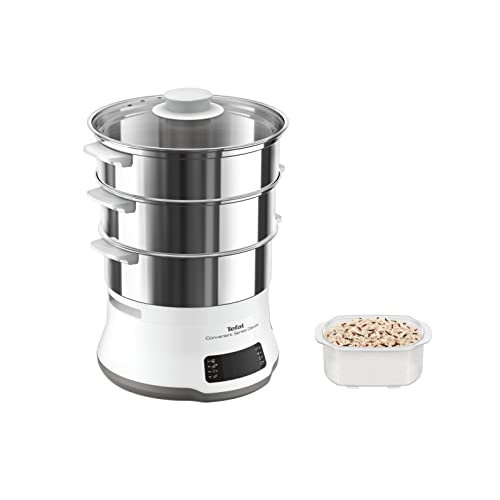 Tefal Convenient Series Deluxe Dampfgarer, einfacher Touchscreen, 8 Programme, Garen auf 3 Ebenen, Behälter aus Edelstahl, langlebige Qualität, gesunde Zubereitung, Edelstahl/weiß, VC502D von Tefal