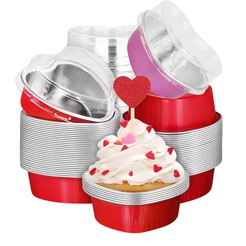 50 Kuchenformen in Herzform mit Deckel, Mini-Einweg-Backform, Cupcake-Förmchen aus Aluminiumpapier, für Valentinstag, Hochzeit, Geburtstag (25 rosa und 25 rot) von Tefola