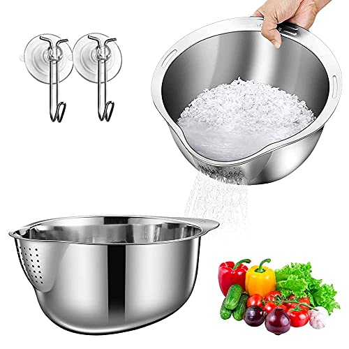 Reis Waschschüssel aus Edelstahl, Edelstahl-Reis-Waschschüssel, Edelstahl-Seitenabflüssel Colander, Sieb für die Reinigung von Obst, Gemüse und Bohnen mit vielseitigem Küchenwerkzeug (Silber) von Tefola