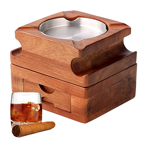 Holz Zigarren Aschenbecher, Whiskey Glas Tablett mit Zigarrenhalter, Zigarren Aschenbecher Geschenkset, Abnehmbarer Zigarren Whisky Aschenbecher mit Schublade für Zuhause von Tefola