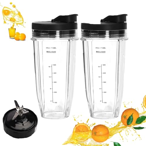Tefola 5 Stück Ersatzteile für Mixer - 2 Mixbecher 24oz / 2 Teiliger Entsafterbecher 710 ml + mit 2 Tragbarem Deckel + Ersatz-Entsafterklinge Geeignet für Mixer Der Nutri Auto IQ-Serie von Tefola