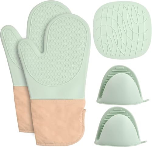 Extra langes Ofenhandschuh- und Topflappen-Set – hitzebeständige Silikon-Ofenhandschuhe mit Mini-Ofenhandschuh und Koch-Pads, gestepptes Futter, grün, 6-teiliges Set von Tefrine