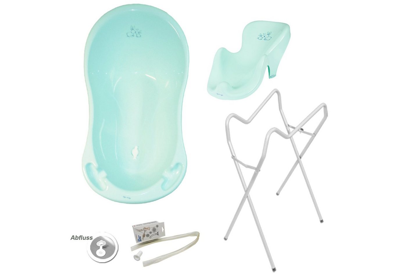 Tega-Baby Babybadewanne 3 Teile SET AB -BUNNIES + Ständer Weiß- -Wanne Abflussset Baby, (Premium.set Made in Europe), **Wanne+ Sitz+ Ablauf Set+ Ständer** von Tega-Baby