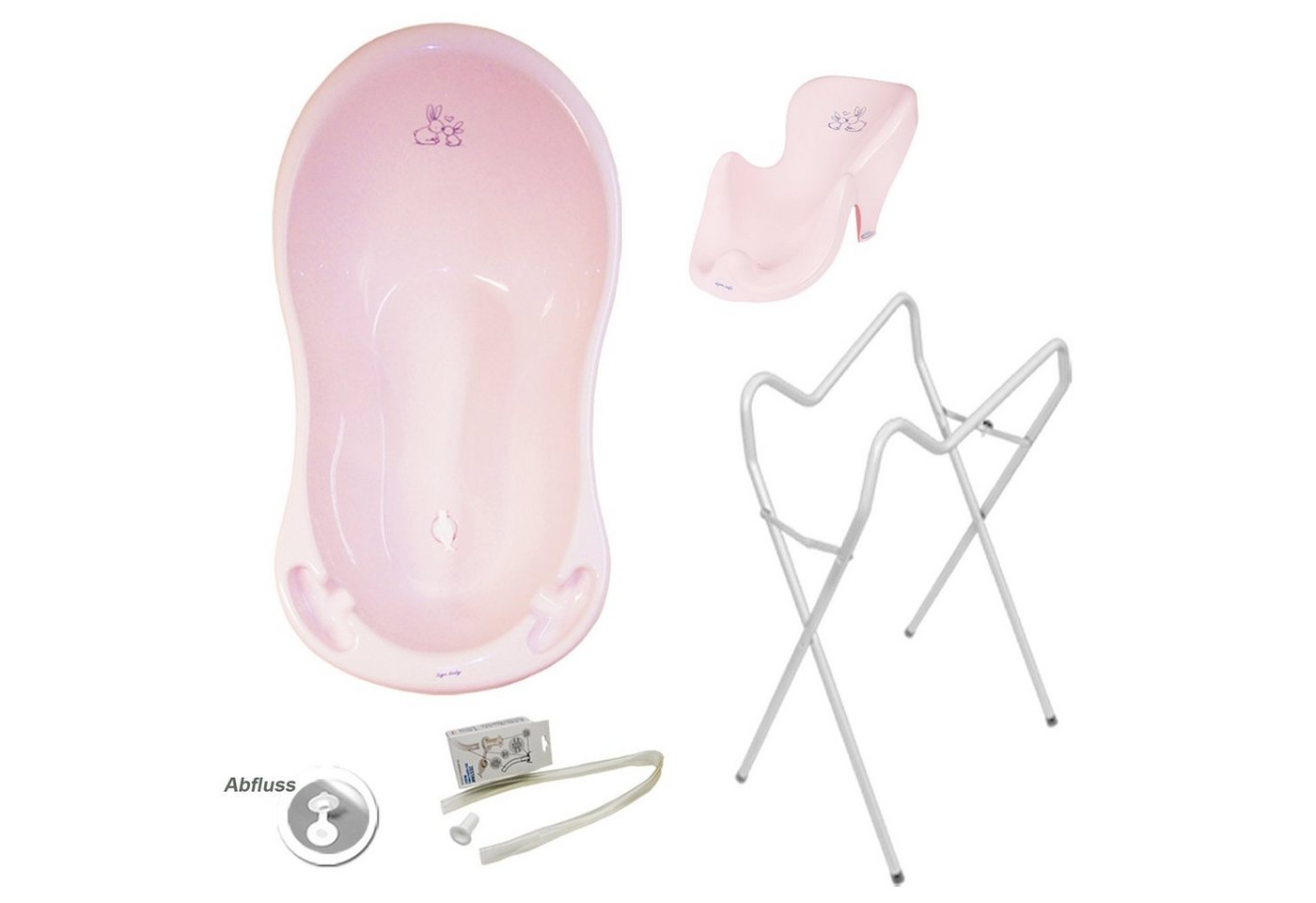 Tega-Baby Babybadewanne 3 Teile SET AB -BUNNIES + Ständer Weiß- -Wanne Abflussset Baby, (Premium.set Made in Europe), **Wanne+ Sitz+ Ablauf Set+ Ständer** von Tega-Baby