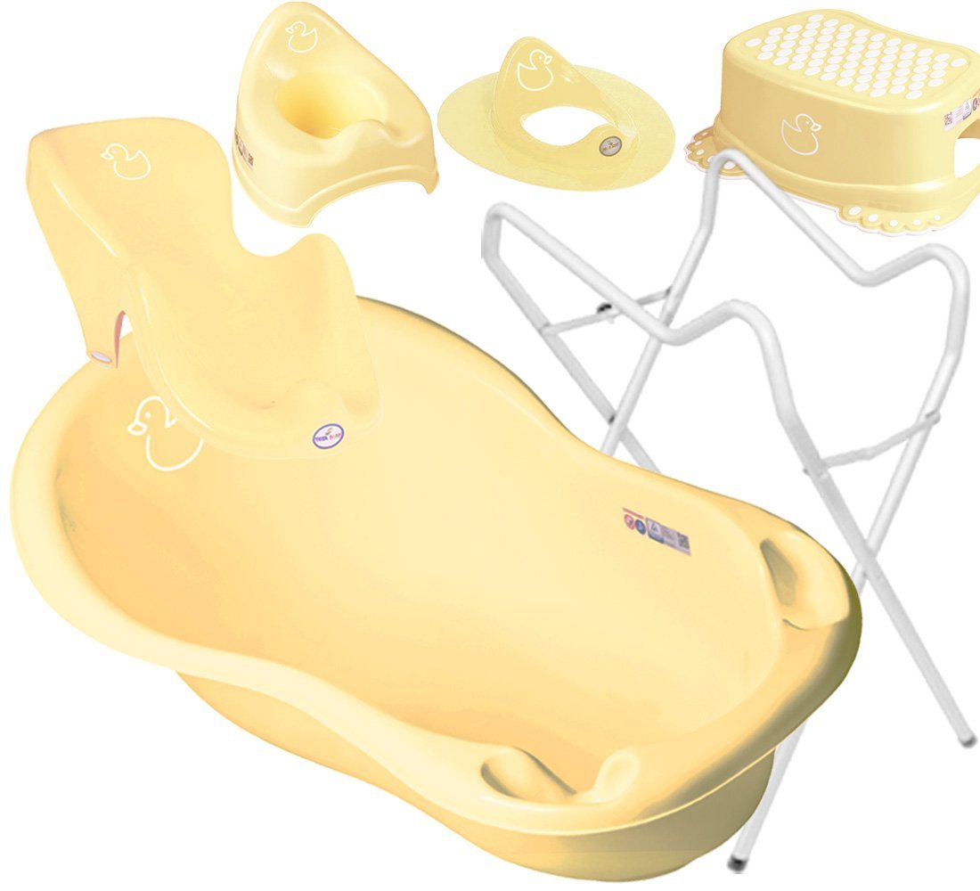 Tega-Baby Babybadewanne 5 Teile SET – DUCK Gelb + Ständer Weiss - Babybadeset Wanne 86 cm, (Made in Europe Premium-Set), **Wanne + Sitz +Topf +WC Aufsatz + Hocker + Ständer** von Tega-Baby