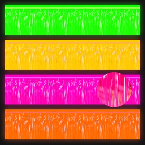 Tegeme 4 Packungen 12 m Halloween Glow in the Dark Folien-Fransengirlande Lametta Luftschlangen Halloween Neon Party Supplies Vorhänge Foto Booth Prop Hintergrund Streamer für Urlaub Neon Party von Tegeme