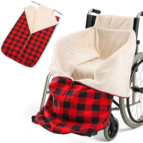 Tegeme Weihnachts-Rollstuhldecke mit Reißverschluss, rot und schwarz, kariert, Fleece, Rollstuhlbezug für Unterkörper, wasserdicht, leicht, universelle Passform, warme Schoßdecken für ältere Menschen von Tegeme