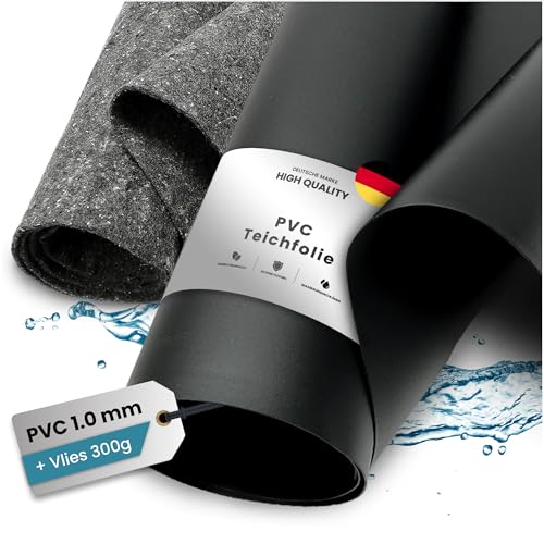 TeichVision - PVC Teichfolie - Stärke 1 mm - 4 m x 5 m und Teichvlies 300g / PVC Folie schwarz mit separatem passendem Vlies in grau von TeichVision