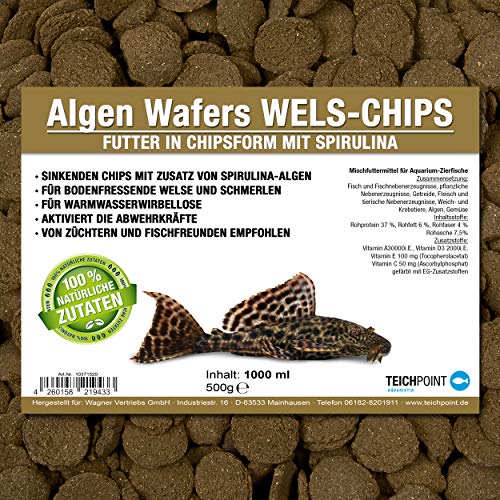Teichpoint Algen-Wafers Wels-Chips (Hauptfutter für alle pflanzenfressenden Bodenfische und scheuen Zierfische in Waferform) - Welsfutter im 1 Liter Beutel von Teichpoint