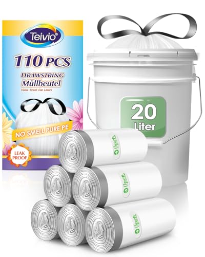 Teivio 20 Liter Kleine Müllbeutel mit Zugband, 110 Stück, starker Kordelzug, Tretmüllbeutel, Papiermüllbeutel für Zuhause, Büro, Küche, Badezimmer, Schlafzimmer, weißer von Teivio