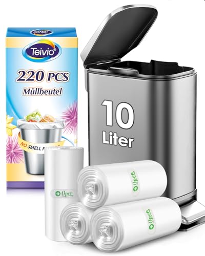 Teivio Müllbeutel, 10 L, 220 Stück, reißfest, kleine Kunststoffbeutel für Zuhause, Büro, Küche, Bad, transparent, passend für 7,5-10 L Mülleimer von Teivio